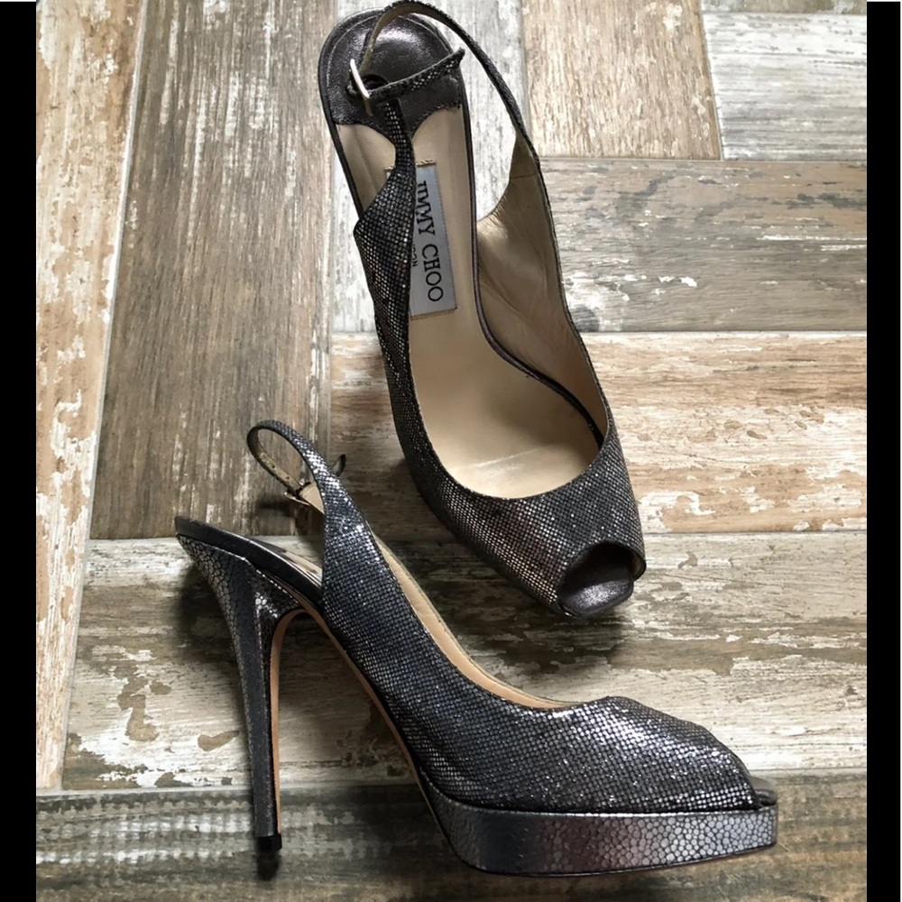 JIMMY CHOO~SILVER PEEP TOE HEELS~SZ 8.5